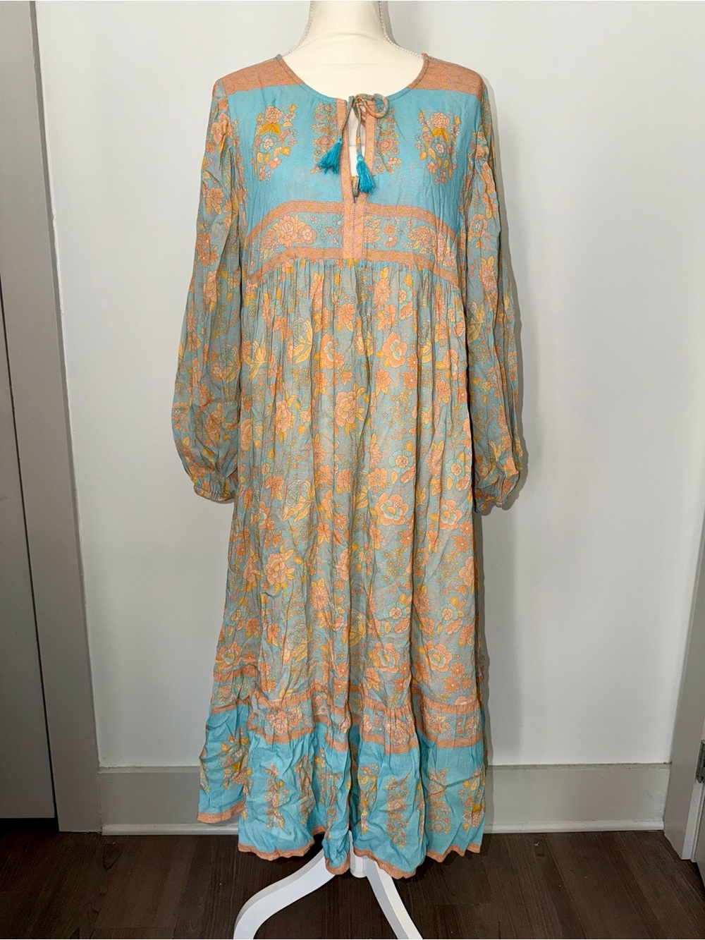 Spell & the Gypsy Juniper Boho Dress Eggshell Blue Floral Turquoise Tassels